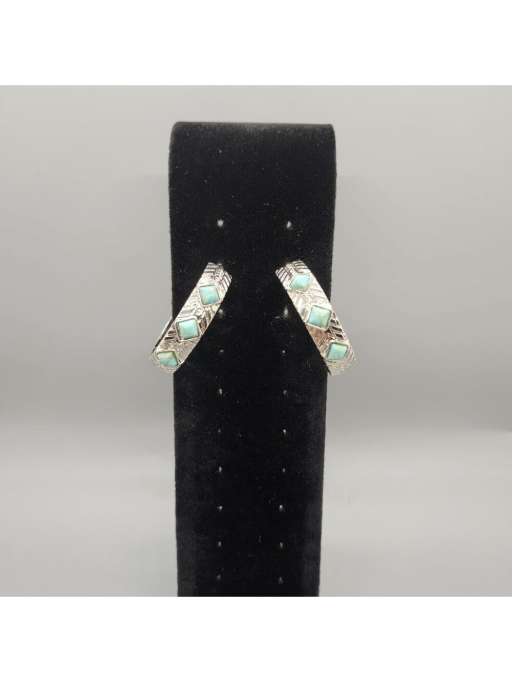 Southwestern C Hoop Earrings 1" Turquoise Inlay Engraved Silver Tone